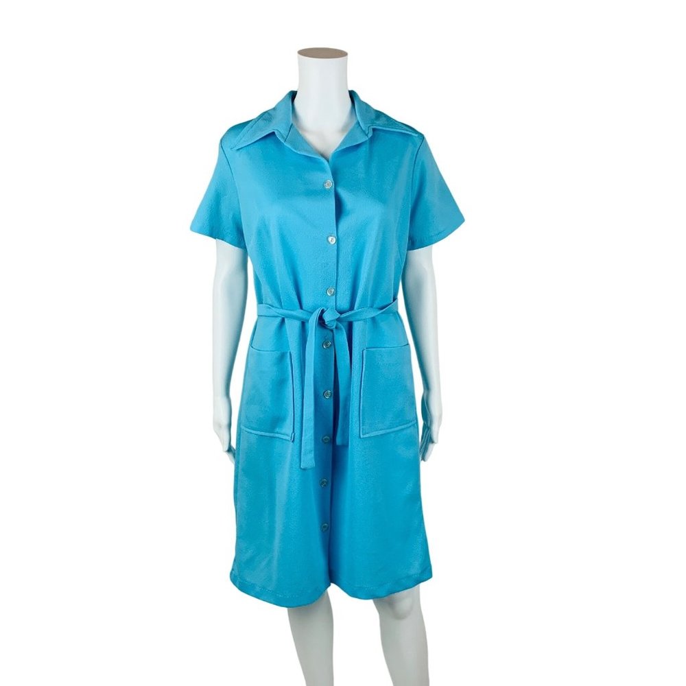 Vintage 1970s Solid Blue Dress Polyester Button Down Shift Pockets | B 42"